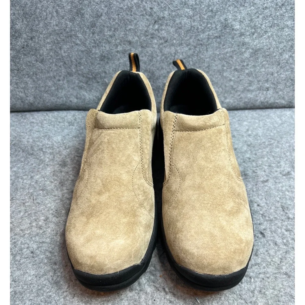 Duluth Trading Co Mens Wild Boar Mocs Tan Suede Slip On Shoes Non Slip Size 10